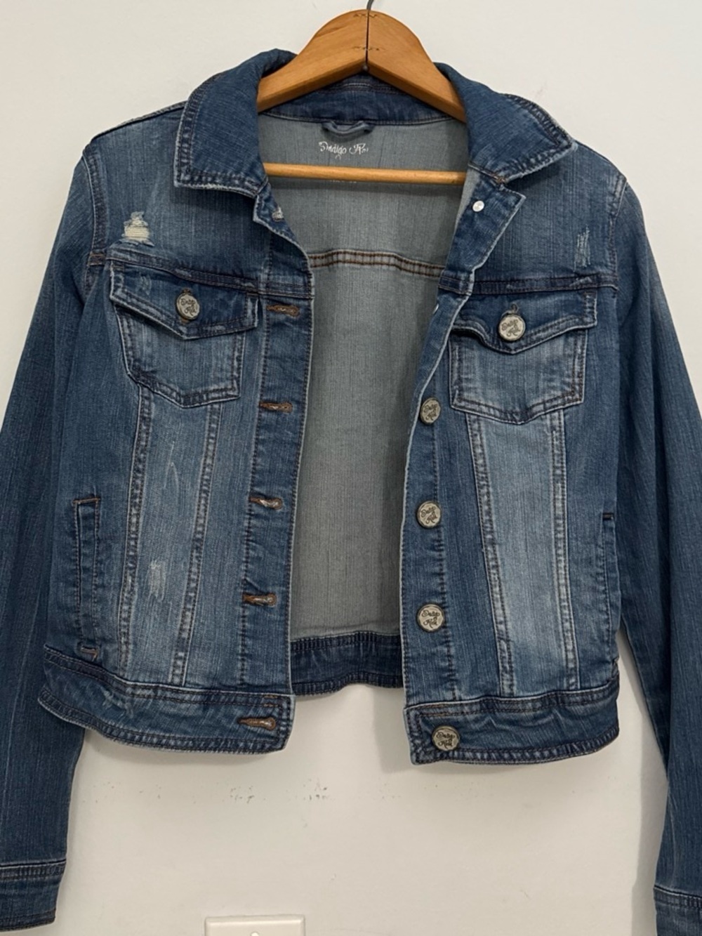 Indigo Rein Blue Distressed Jean Jacket Casual Boho Western Cropped Versatile